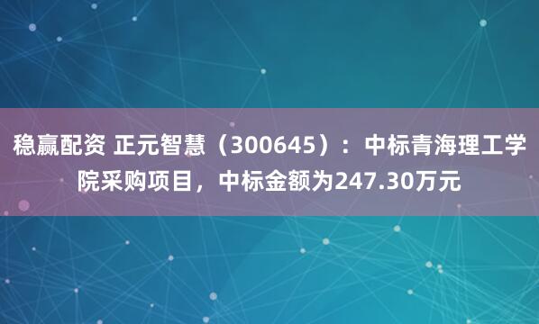 稳赢配资 正元智慧（300645）：中标青海理工学院采购项目，中标金额为247.30万元